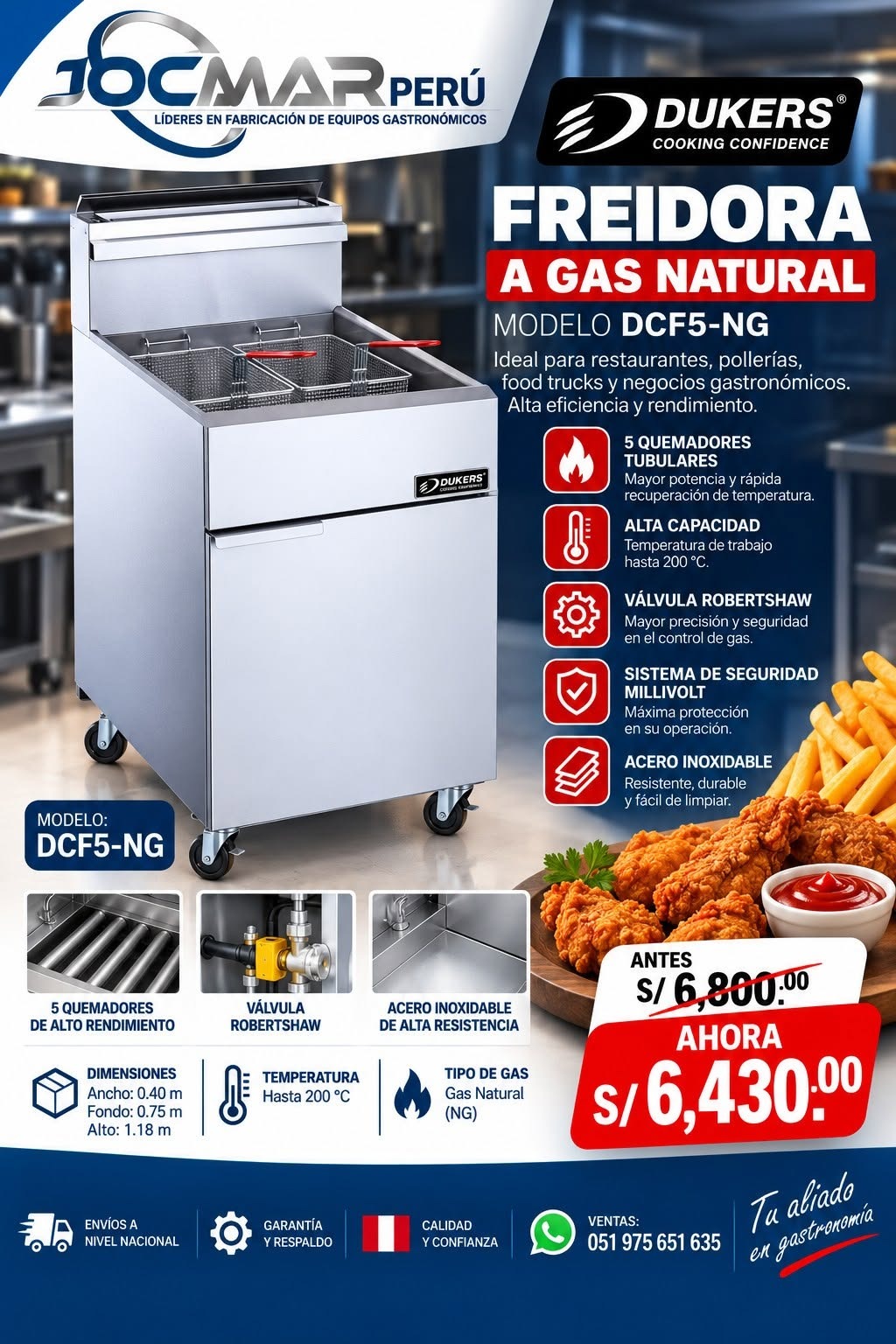 FREIDORA A GAS NATURAL DUKERS MODELO DCF5-NG