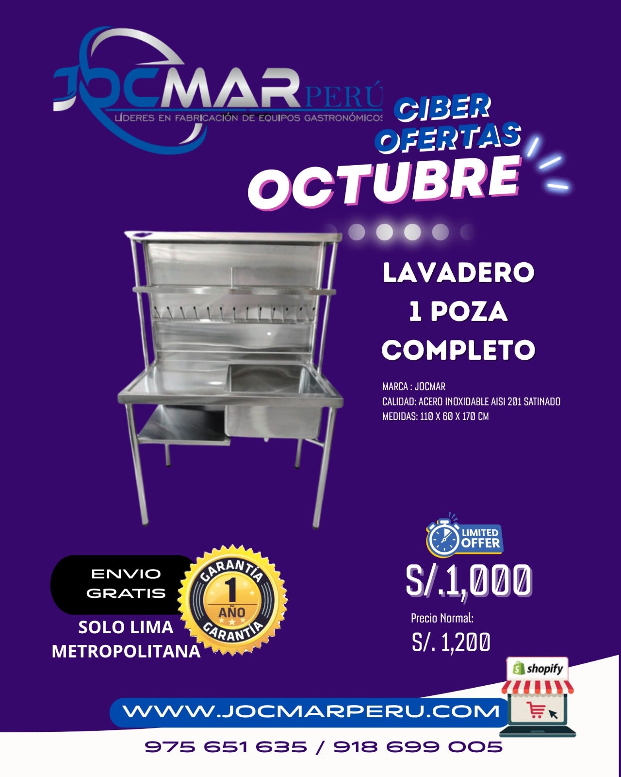 LAVADERO 1 POZA COMPLETO AISI 201 SATINADO