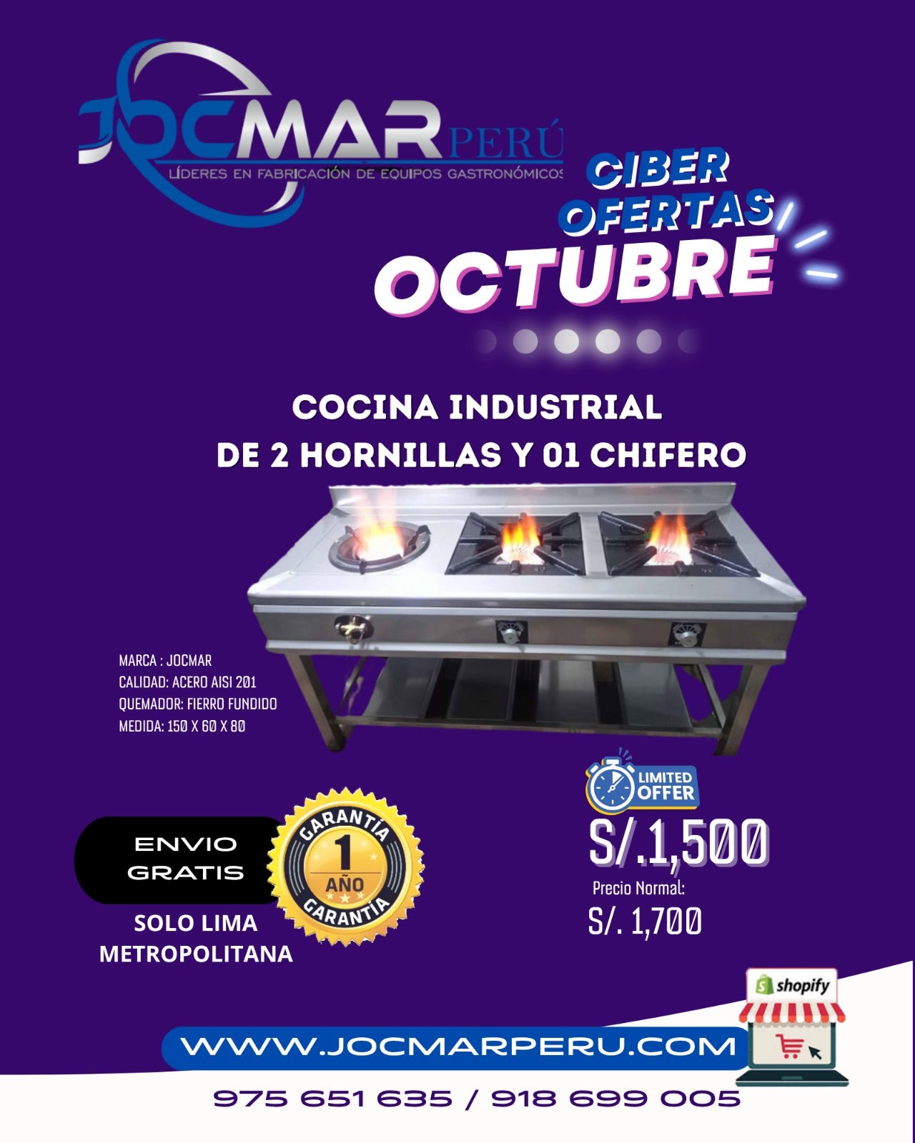 COCINA INDUSTRIAL DE 2 HORNILLAS Y 01 CHIFERO AISI 201