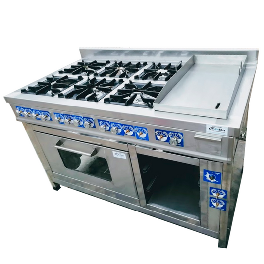 COCINA INDUSTRIAL ISLA 6 HORNILLAS CON HORNO CON PLANCHA
