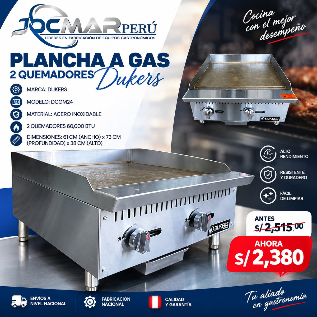 PLANCHA A GAS 2 QUEMADORES DUKERS