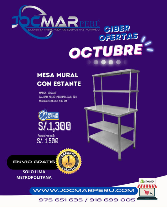 MESA MURAL CON ESTANTE AISI 304