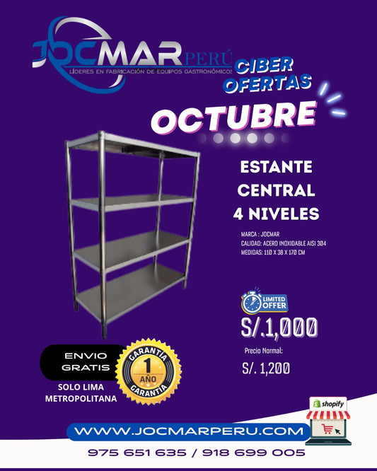 ESTANTE CENTRAL 4 NIVELES AISI 304