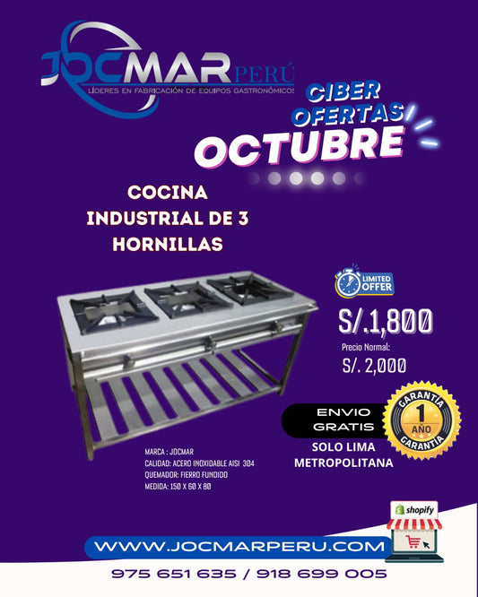 COCINA INDUSTRIAL DE 3 HORNILLAS AISI 304